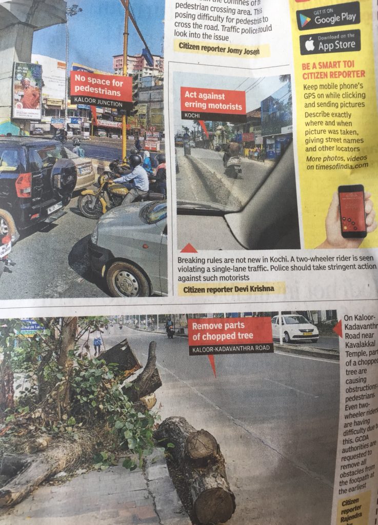 Newspaper clipping includes image of motorcyclists on the wrong side of the road with caption, "Act against erring motorists" and attributed to Citizen reporter Devi Krishna